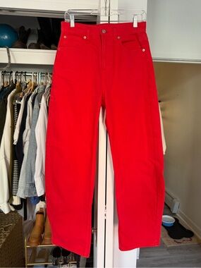 Gap bright red barrel jeans. Size 27. Small stain on pocket, barely noticeable.